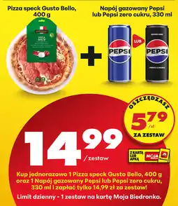 Biedronka Zestaw: Pizza speck Gusto Bello, 400 g + Napój gazowany Pepsi lub Pepsi zero cukru, 330 ml oferta