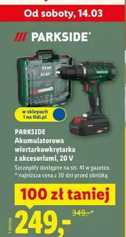 Lidl PARKSIDE Akumulatorowa wiertarkowkrętarka z akcesoriami, 20 V oferta