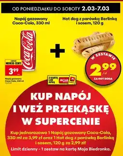 Biedronka Zestaw - Napój gazowany Coca-Cola + not dog z parówką Berlinką i sosem oferta
