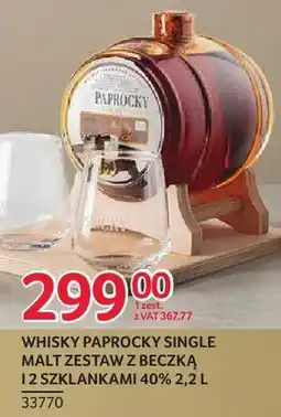 Selgros Whisky Paprocky Single Malt zestaw z beczką 12 szklankami 40% oferta