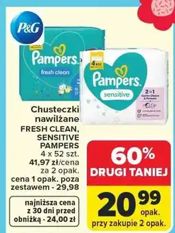 Carrefour Chusteczki nawilżane Fresh Clean, Sensitive Pampers 4x52 szt oferta