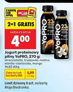 Biedronka Jogurt proteinowy pitny straciatella, truskawka-malina, wanilia-ciasteczko, mango 2+1 GRATIS oferta