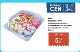 Biedronka Lody Iza o smaku śmietankowo-cytrynowo-truskawkowo-czekoladowym z sosem wieloowocowym oferta