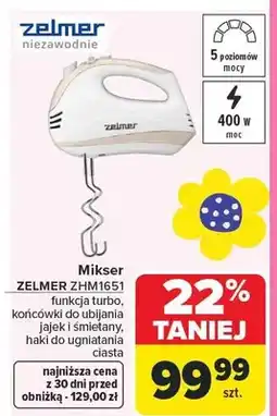 Carrefour Mikser ZHMI651 funkcja turbo, końcówki do ubijania jajek i śmietany, haki do ugniatania ciasta oferta
