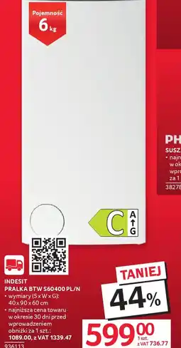 Selgros Indesit Pralka BTW S60400 PL/N oferta