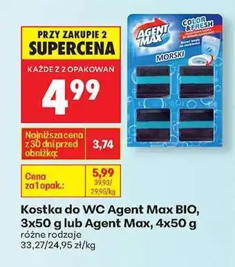 Biedronka Kostka do WC Agent Max BIO, 3x50 g lub Agent Max, 4x50 g oferta