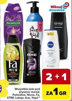 Carrefour Wszystkie żele pod prysznic marek: Palmolive, Nivea, Fa, STR8, Luksja, Axe, Yope oferta