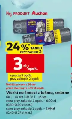 Auchan Worki na śmieci z taśmą, srebrne 60 l - 10 szt. lub 35 l - 15 szt oferta
