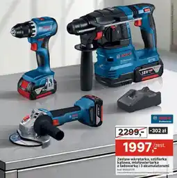 Leroy Merlin Zestaw wkrętarka, szlifierka kątowa, młotowiertarka z ładowarką i 3 akumulatorami oferta