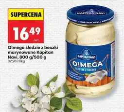 Biedronka O!mega śledzie z beczki marynowane Kapitan Navi, 800 g/500 g oferta
