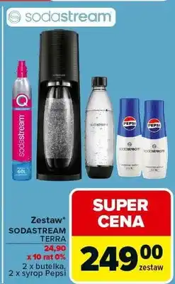 Carrefour Zestaw Sodastream Terra x 10 butelek, 2 x butelka, 2 x syrop Pepsi oferta