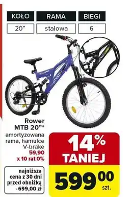 Carrefour Rower MTB 20 amortyzowana rama, hamulce V-brake oferta