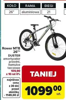 Carrefour Rower MTB 26 Duster amortyzator przedni, hamulce tarczowe V-brake oferta