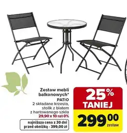 Carrefour Zestaw mebli balkonowych Patio 2 składane krzesła, stolik kawowy z hartowanego szkła oferta