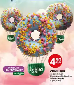 Żabka Donut Teenz z owoców leśnych dekorowany niebieską polewą i kolorową posypką oferta