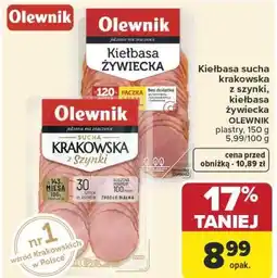 Carrefour Kiełbasa sucha krakowska z szynki, kiełbasa żywiecka OLEWNIK plastry oferta