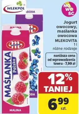 Carrefour Jogurt owocowy, maślanka owocowa MLEKOVITA 1 l różne rodzaje oferta