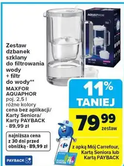 Carrefour Zestaw dzbanek szklany do filtrowania wody + filtr do wody** MAXFOR AQUAPHOR poj. 2,5 l oferta