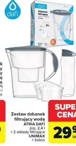 Carrefour Zestaw dzbanek filtrujący wodę ATRIA DAFI poj. 2,4 l + 2 wkłady filtrujące UNIMAX + bidon oferta