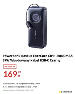 RTV EURO AGD Powerbank Baseus EnerCore CR11 20000mAh 67W Wbudowany kabel USB-C Czarny oferta