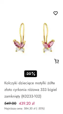 Briju Kolczyki dziecięce motylki żółte złoto cyrkonia różowa 333 bigiel zamknięty Komunia oferta