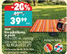 Biedronka Koc piknikowy, w paski 150 x 200 cm, z izolacją 200 x 200 cm, trójkąty TADAR oferta