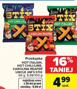 Carrefour Przekąska HOT ITALIAN, HOT CHILI/LIME, CAROLINA REAPER UNCLE JIM'S STIX oferta