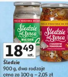 Auchan Śledzie 900 g, dwa rodzaje Śledzie od Serca oferta