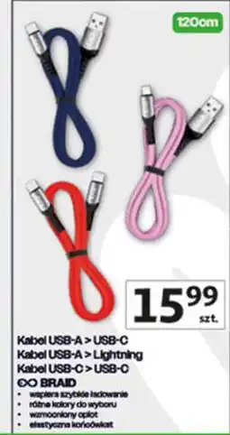 Auchan Kabel USB-A USB-C, Kabel USB-A Lightning, Kabel USB-C USB-C EO BRAID oferta