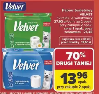 Carrefour Papier toaletowy Velvet, 12 rolek, 3-warstwowy oferta