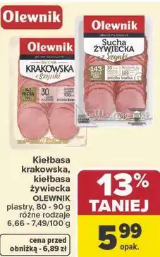 Carrefour Kiełbasa krakowska, kiełbasa żywiecka OLEWNIK plastry, 80 - 90 g różne rodzaje oferta