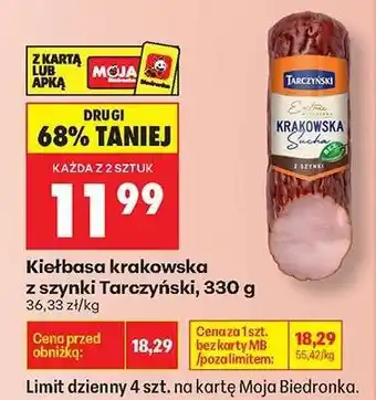 Biedronka Kiełbasa krakowska z szynki Tarczyński 330 g oferta