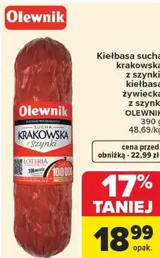 Carrefour Market Kiełbasa sucha krakowska z szynki, kiełbasa żywiecka z szynki OLEWNIK oferta