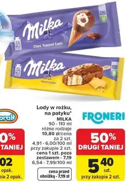 Carrefour Lody w rożku, na patyku* MILKA 90-110 ml różne rodzaje oferta