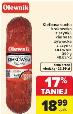 Carrefour Kiełbasa sucha krakowska z szynki, kiełbasa żywiecka z szynki OLEWNIK oferta
