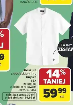 Carrefour Koszula z dodatkiem lnu męska TEX ze stójką z krótkim rękawem rozm. S-3XL oferta