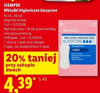 Lidl Wkładki higieniczne klasyczne large SIEMPRE oferta