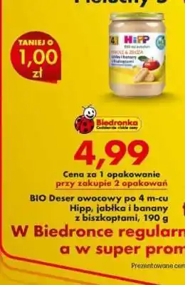BIO Deser owocowy po 4 m-cu Hipp, jabłka i banany z biszkoptami, 190 g