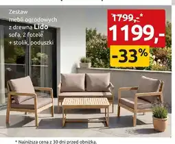 Black Red White Zestaw mebli ogrodowych z drewna Lido sofa, 2 fotele + stolik, poduszki oferta