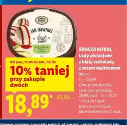 Lidl Lody pistacjowe z białą czekoladą z sosem malinowym Bracia Koral oferta