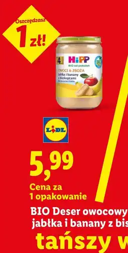 Lidl BIO Deser owocowy po 4 m-cu Hipp, jabłka i banany z biszkoptami oferta