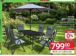 Selgros Zestaw mebli Cortona stół 150x90x71cm krzesło 63,5x56,5x106cm parasol średnica 250cm oferta