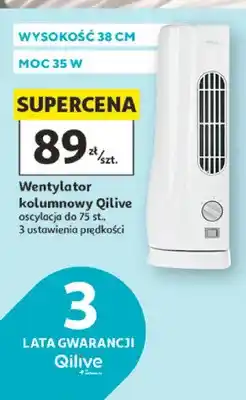 Auchan Wentylator kolumnowy Qilive wysokość 38cm moc 35W oscylacja do 75 st. 3 ustawienia prędkości oferta