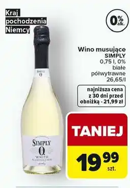 Carrefour Wino musujące SIMPLY 0,75 l, 0%, białe oferta