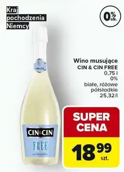 Carrefour Wino musujące CIN & CIN FREE 0,75 l, 0%, białe, różowe, półsłodkie oferta