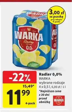 Intermarche Piwo bezalkoholowe Warka Radler 0,0% Cytryna 4-pak oferta