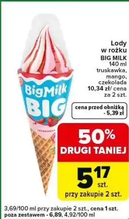 Carrefour Express Lody w rożku BIG MILK 140 ml truskawka, mango, czekolada oferta