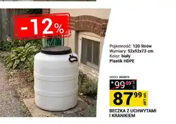 Merkury Market Beczka z uchwytami i kranikiem 120l 52x52x73cm biała plastik HDPE oferta