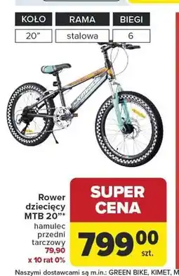 Carrefour Rower dziecięcy MTB KIMRIDE 20 hamulec przedni tarczowy oferta