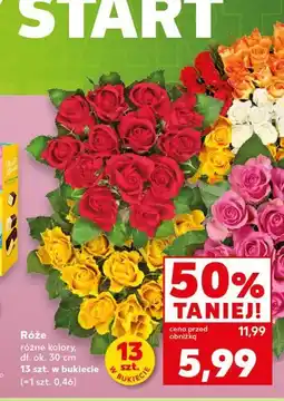 Kaufland Róże różne kolory, dł. ok. 30 cm 13 szt. w bukiecie (=1 szt. 0,46) oferta
